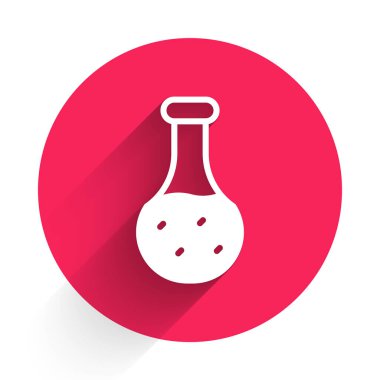 Beyaz test tüpü ve uzun gölge arkaplan izole edilmiş kimyasal test ikonu. Laboratuvar cam levhası. Kırmızı daire düğmesi. Vektör