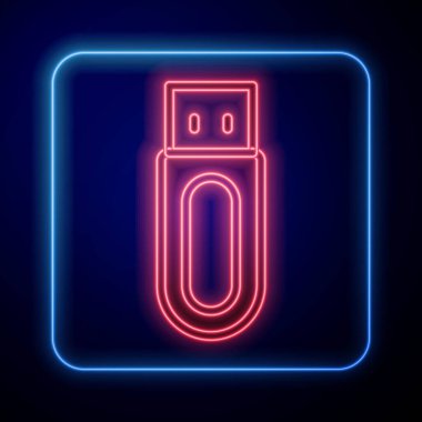 Parlayan neon USB flaş bellek simgesi siyah arkaplanda izole edildi. Vektör