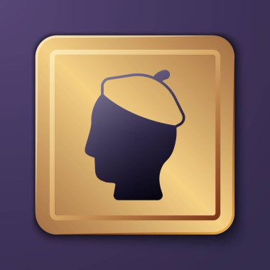 Mor arkaplanda izole edilmiş bir Fransız ikonu. Altın kare düğme. Vektör