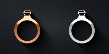 Altın ve gümüş elmas nişan yüzüğü simgesi siyah arkaplanda izole edilmiş. Uzun gölge tarzı. Vektör