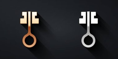 Altın ve gümüş renkli eski sihirli anahtar simgesi siyah arka planda izole edilmiş. Uzun gölge tarzı. Vektör