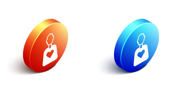 Isometrisk Volontär ikon isolerad på vit bakgrund. Orange och blå cirkel knapp. Vektor — Stock vektor