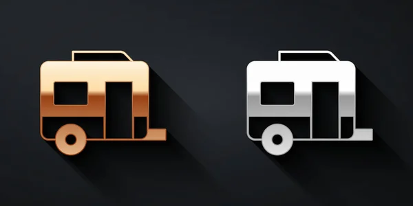 Gold and silver Rv Camping trailer icon isolated on black background. Travel mobile home, caravan, home camper for travel. Long shadow style. Vector — Stock Vector