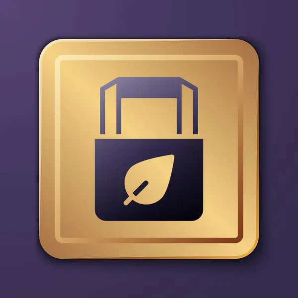 Purple Paper boodschappentas met recycle icoon geïsoleerd op paarse achtergrond. Zak met recycling symbool. Gouden vierkante knop. Vector — Stockvector