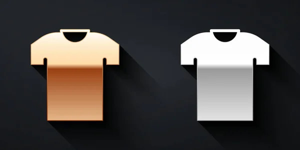Gold- und silbernes T-Shirt-Symbol auf schwarzem Hintergrund. Langer Schatten. Vektor — Stockvektor