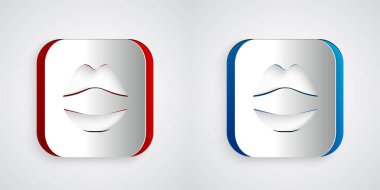 Kağıt kesiği, gülen dudak simgesi gri arka planda izole edilmiş. Gülümse. Kağıt sanatı tarzı. Vektör