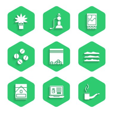 Plastik torba uyuşturucu, sigara piposu, kokain, sigara paketi, ilaç tableti, kibrit kutusu ve kibrit kutusu ve esrar esrar saksısı ikonu. Vektör