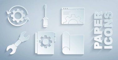 Kullanıcı kılavuzunu, Tarayıcı ayarını, Anahtarı, mühendislik, tornavida ve okları çalışma akışı simgesi olarak ayarla. Vektör