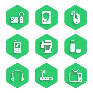 Yazıcı, Router ve wi-fi sinyali, Retro TV, USB flash disk, kulaklıklar, müzik çalar, kablosuz bilgisayar faresi ve sinema kamera ikonu. Vektör