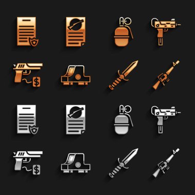 Collimator görüşü, UZI hafif makineli tüfek, M16A1 tüfek, askeri bıçak, satın alma tabancası, el bombası, ateşli silah ruhsatı ve ikon. Vektör