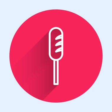 Kızarmış sosis ikonu uzun gölgeli izole edilmiş. Izgara sosis ve aroma işareti. Kırmızı daire düğmesi. Vektör İllüstrasyonu