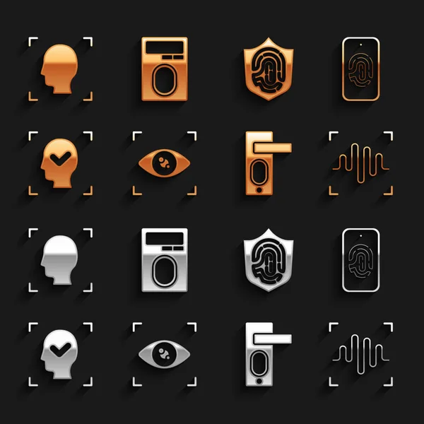 Set Eye scan, Mobile with fingerprint, Voice recognition, Fingerprint door lock, Face, shield, and icon. Vector — Stock Vector