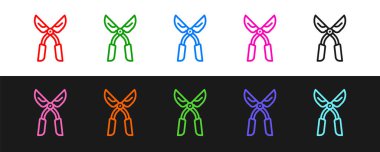 Siyah ve beyaz arkaplanda izole edilmiş simgeyi budamak için el yapımı bahçe makasını ayarla. Ahşap saplı budama makası. Vektör