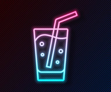 Siyah zemin üzerinde su ikonu olan parlak neon çizgisi. Soda bardağı. Vektör