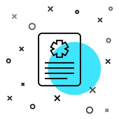 Siyah çizgi tıbbi pano, beyaz arka planda izole edilmiş klinik kayıt simgesi. Reçete, tıbbi kontrol işaretleri raporu. Rastgele dinamik şekiller. Vektör