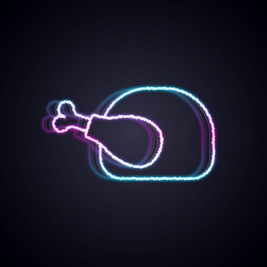 Parlayan neon hattı, kızarmış hindi ya da siyah arka planda izole edilmiş tavuk ikonu. Vektör