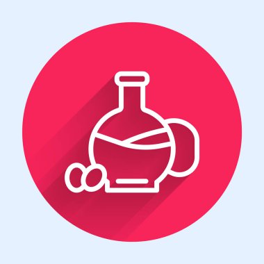 Uzun gölgeli beyaz çizgi zeytinyağı ikonu. Zeytinyağı ikonlu sürahi. Kırmızı daire düğmesi. Vektör