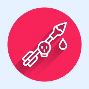 Ok simgesindeki beyaz çizgi zehri uzun gölge arkaplanı ile izole edilmiş. Zehirli ok. Kırmızı daire düğmesi. Vektör