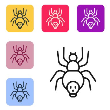 Siyah çizgi zehirli örümcek ikonu beyaz arka planda izole edilmiş. Mutlu Cadılar Bayramı Partisi. Renkli kare düğmelerle simgeleri ayarla. Vektör