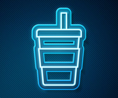 Mavi zemin üzerinde saman ve su ikonu olan parlak neon şeritli kağıt bardak. Soda bardağı. Taze soğuk içecek sembolü. Vektör