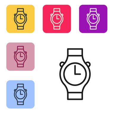 Siyah çizgi bilek saat simgesi beyaz arkaplanda izole edildi. Kol saati simgesi. Renkli kare düğmelerle simgeleri ayarla. Vektör