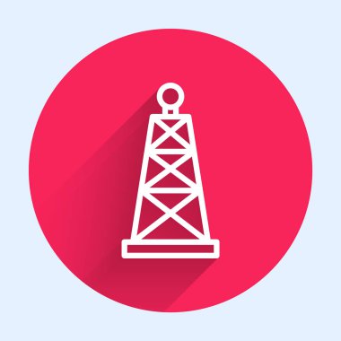 Beyaz çizgi petrol sondaj ikonu uzun gölge arkaplan izole. Gaz kulesi. Endüstriyel nesne Kırmızı daire düğmesi. Vektör