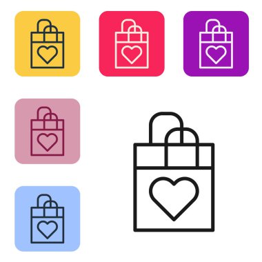 Beyaz arka planda kalp ikonu olan siyah çizgili alışveriş torbası. Alışveriş torbası sevgisi kalp ikonu gibidir. Sevgililer günün kutlu olsun. Renkli kare düğmelerle simgeleri ayarla. Vektör
