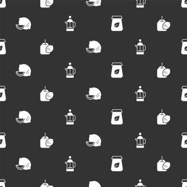 Çay paketini, limonlu poşeti, limonlu ve Fransız pres makinesini pürüzsüz desene ayarlayın. Vektör