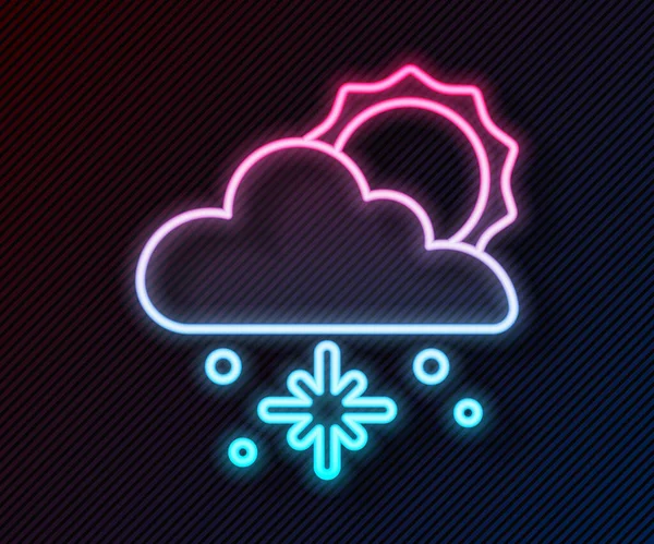 Glowing neon line Cloud with snow and sun icon isolated on black background. Cloud with snowflakes. Single weather icon. Snowing sign. Vector — Stock Vector