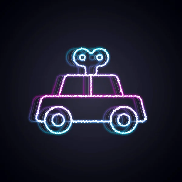 ネオンラインの輝き黒い背景に孤立おもちゃの車のアイコン。ベクトル — ストックベクタ