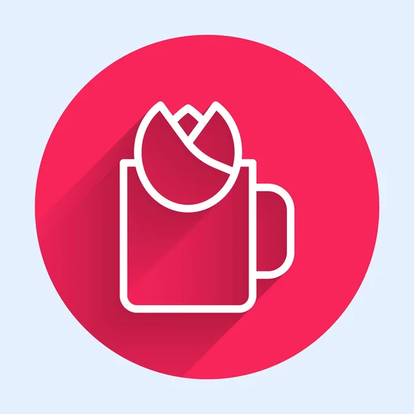 Ligne blanche Coupe de thé avec icône rose isolée avec un fond d'ombre longue. Bouton rouge. Vecteur — Image vectorielle