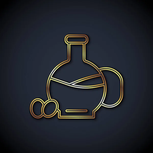 Zlatá čára Láhev olivového oleje ikona izolované na černém pozadí. Džbán s ikonou olivového oleje. Vektor — Stockový vektor