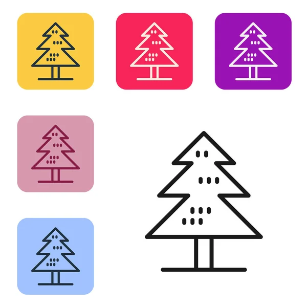 Schwarze Linie Baum-Symbol isoliert auf weißem Hintergrund. Symbol Wald. Setzen Sie Symbole in farbigen quadratischen Tasten. Vektor — Stockvektor