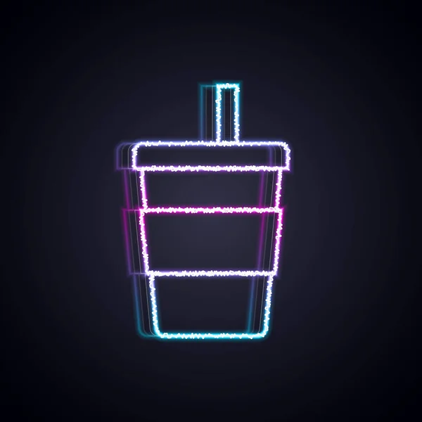 Siyah zemin üzerinde saman ve su ikonu olan parlak neon şeritli kağıt bardak. Soda bardağı. Taze soğuk içecek sembolü. Vektör — Stok Vektör