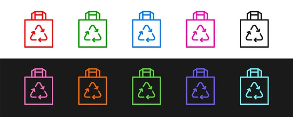 Set line Papieren boodschappentas met recycle icoon geïsoleerd op zwart-wit achtergrond. Zak met recycling symbool. Vector — Stockvector