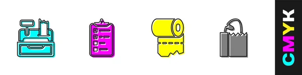 Set Kassenautomat, Einkaufsliste, Toilettenpapierrolle und Papiertüte mit Brotlaib-Symbol. Vektor — Stockvektor
