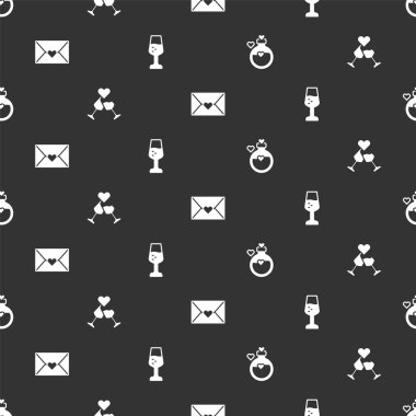 Aşk iksiriyle hazırlanmış şişe, bir kadeh şampanya, Zarflı Sevgililer Günü kalbi ve kusursuz desen. Vektör