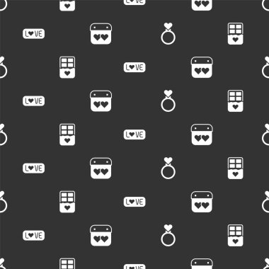 Alyansları ayarla, çikolatayı, aşk metnini ve takvimi kusursuz yap. Vektör