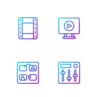 Satır Ses Karıştırıcı, Storyboard, Play Video ve Online oyun videolarını ayarla. Renk simgeleri. Vektör