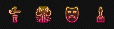 Çizgi dramatik maske, kamera için Gimbal dengeleyici, VFX ve Movie kupası. Parlayan neon ikonu. Vektör