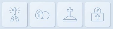 Sıraya dizilin, dua pozisyonuna geçin, haçlı mezar, Paskalya yumurtası ve kilise için bağış. Beyaz kare düğme. Vektör