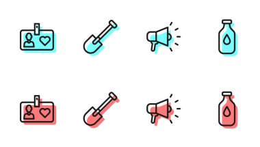 Megafon hattı, gönüllü kimlik kartı, rozet, kürek ve bir şişe su ikonu. Vektör