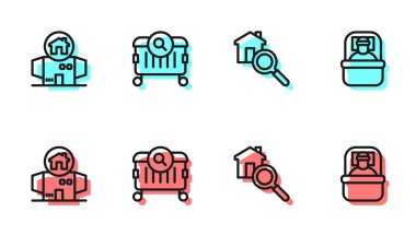 Hattı ayarla, arama evi, evsiz karton, yiyecek ve uyku tulumu ikonu arayışı. Vektör