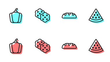 Ekmek ekmeği, dolmalık biber, bisküvi ve karpuz ikonu. Vektör
