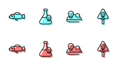 Hattı ayarla deneysel fare, kirpi balığı, zehirli sıvı ve kemik ve kafatası ikonu ile beher. Vektör