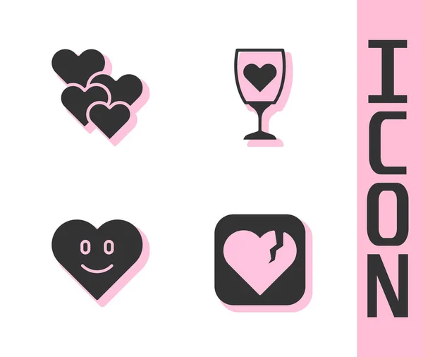 Set Corazón roto o divorcio, Corazón y copa de champán icono. Vector — Archivo Imágenes Vectoriales