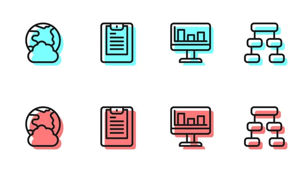 Linienmonitor mit Diagrammdiagramm, sozialem Netzwerk, Server, Datenbericht und Hierarchie-Organogramm-Symbol. Vektor — Stockvektor