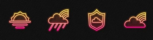 Establecer línea Pronóstico del tiempo, Salida del sol, Arco iris con nubes y lluvia y nubes. Icono de neón brillante. Vector — Vector de stock