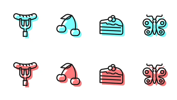 Définir la ligne Pièce de gâteau, Saucisse sur la fourchette, Cerise et icône papillon. Vecteur — Image vectorielle
