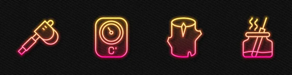 Ahşap kütük, balta, sauna termometresi ve Aroma ayırıcı ayarlayın. Parlayan neon ikonu. Vektör — Stok Vektör
